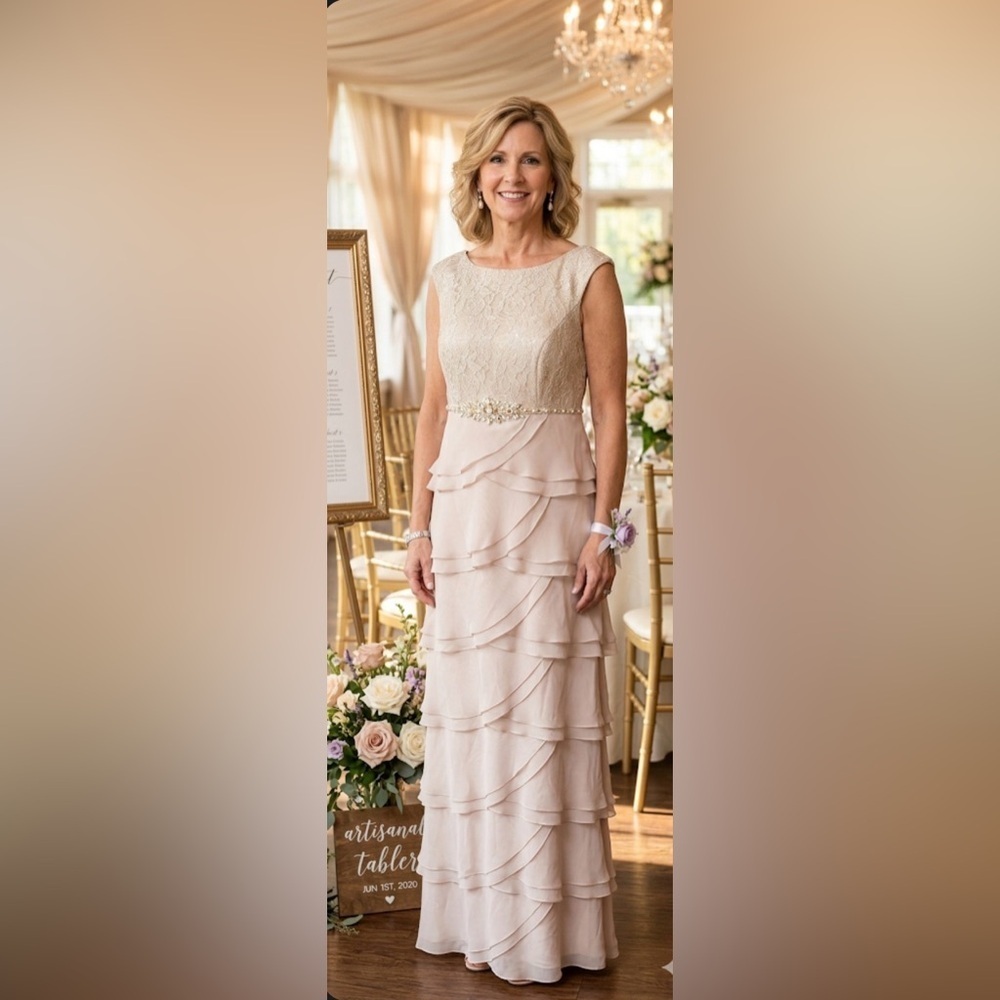 Stunning Jessica Howard Cream Gown with Lace, Jewels and layers of Ruffles